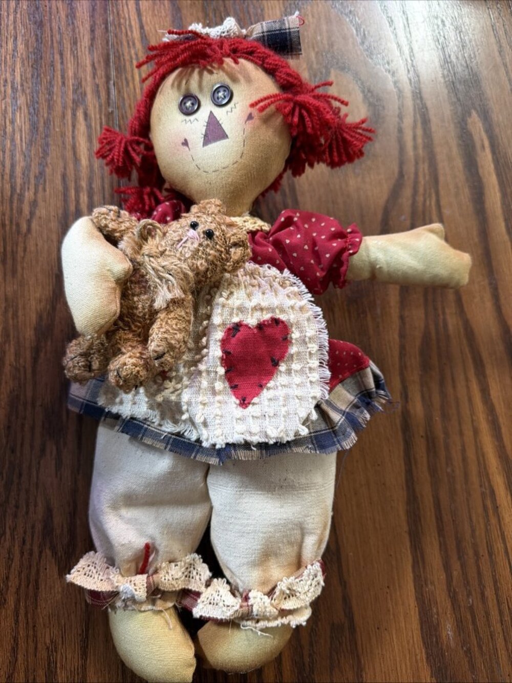Primitive Raggedy Ann Style Doll Teddy Bear Button Eyes Country Folk Decor 12"